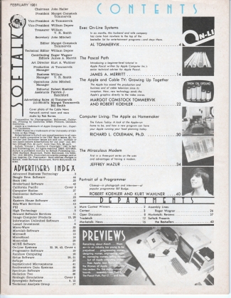 V1.06 Softalk Magazine contents page, February 1981