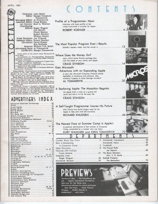 V1.08 Softalk Magazine contents page, April 1981