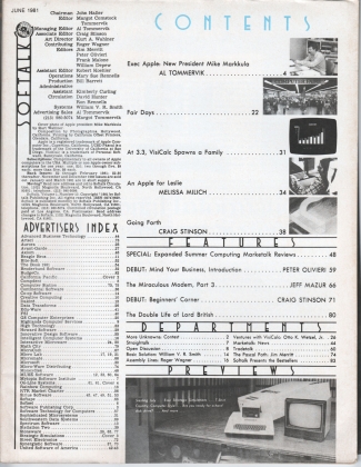 V1.10 Softalk Magazine contents page, June 1981